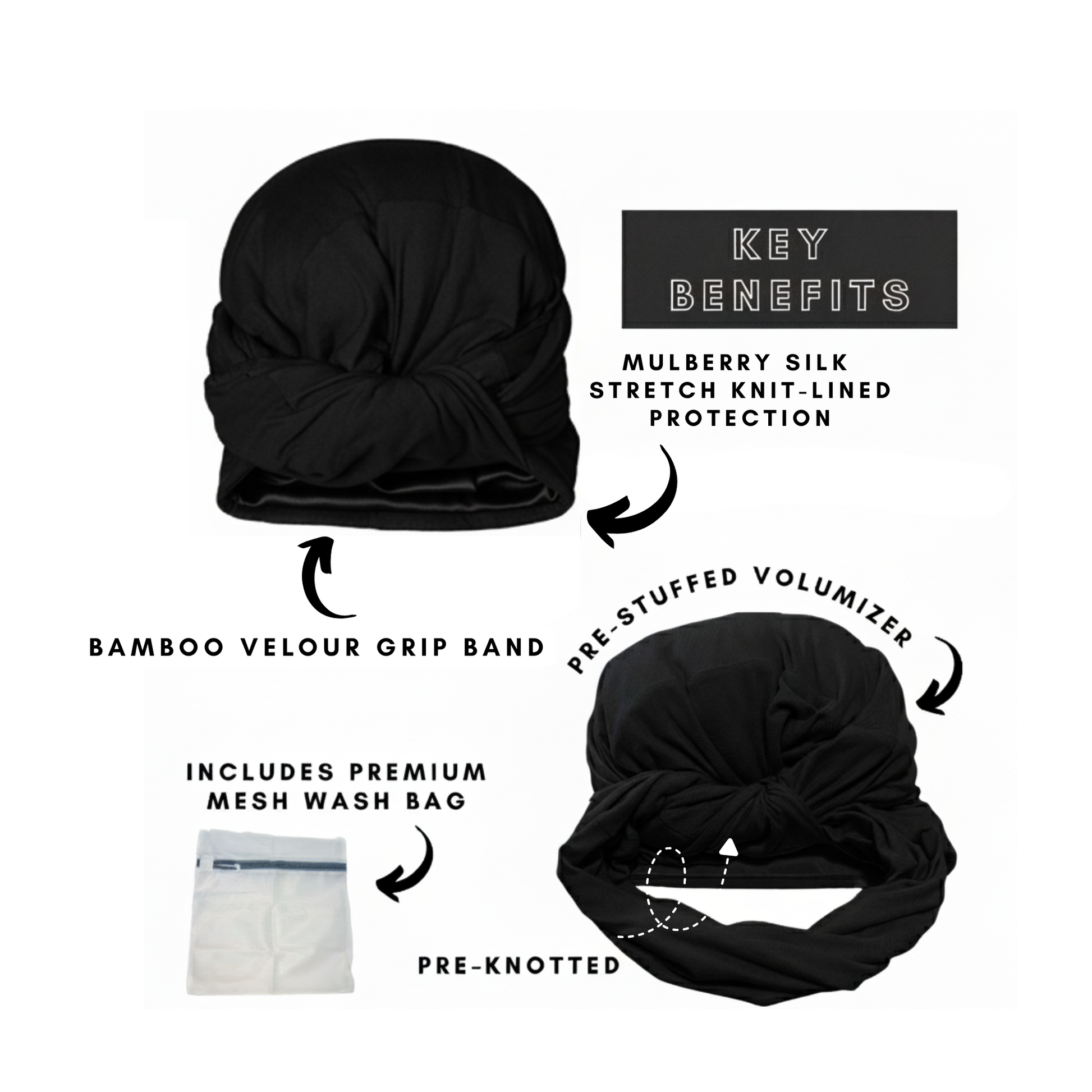 Black headscarf with key benefits listed on a white background